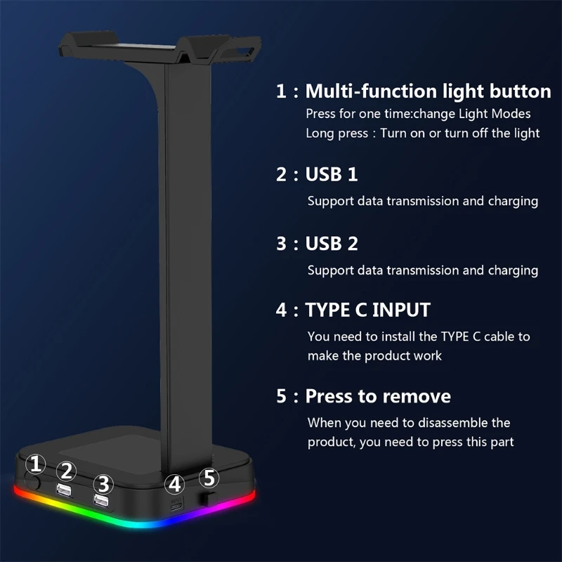 

Dual Headphone Stand 4 in1 RGB Desk Gaming Headphone Stand with 2 USB Charger Rgb Colors Perfect Desktop Accessory