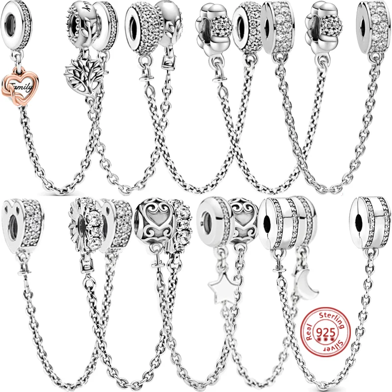 

925 Silver Heart Hollow Family Tree Pendant Pavé Clear Zircon Safety Chain Charm Fit Original Pandora Bracelet Beads DIY Jewelry