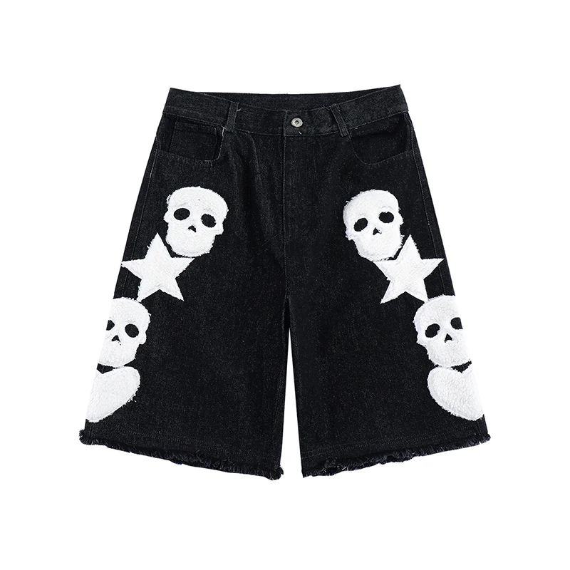 

Retro Skull Stars Embroidery Distressed Summer Denim Shorts Mens High Street Washed Ripped Casual Jeans Five Point Pants