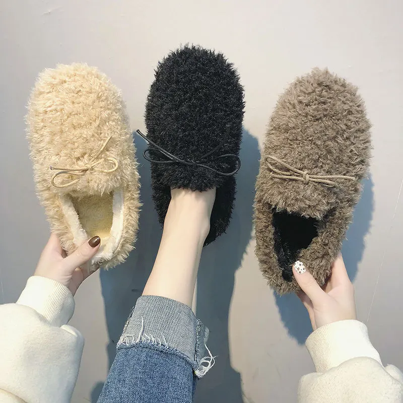 Women Loafers Home Warm Plush Fluffy Curly Sheep Fur Flats Mocasines Mujer Lambswool Winter Cotton Shoes