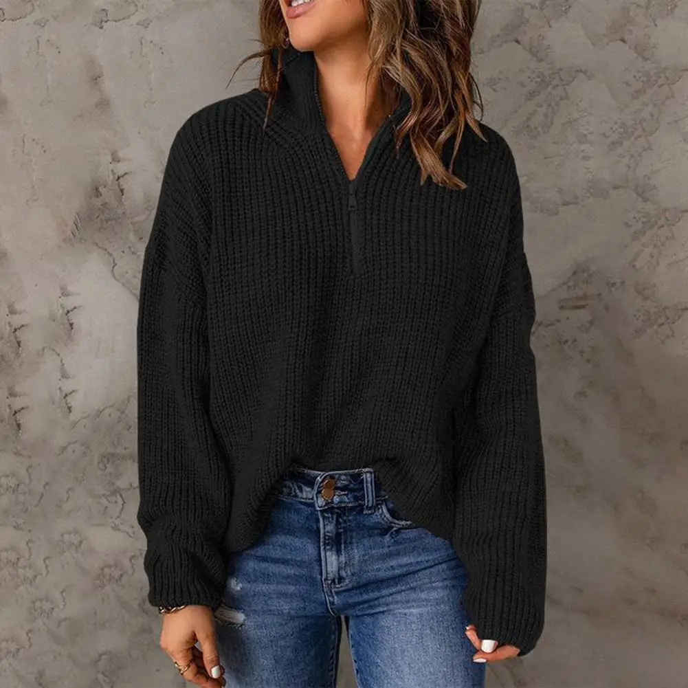 

Zipper Half Placket Cold Resistant Elastic Autumn Winter Solid Color Loose Sweater Jumper Casual Sweater Female Clothing