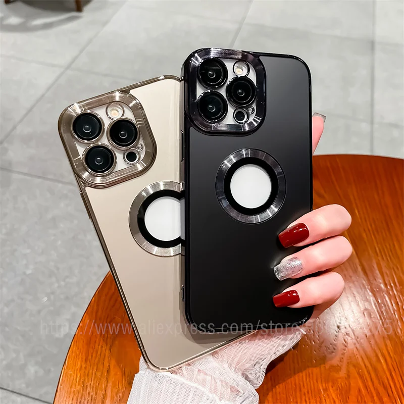 

Luxury Gold Plated Electroplated Phone Case For iPhone 14 13 Promax 12 11 Plus Logo Hole Funda Coque Cover Matte With Lens Film