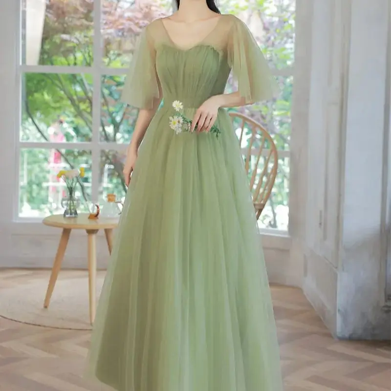 

Green Bridesmaid Dresses Girl A-Line Tulle Long Mesh Tulle Prom Gown Lace-Up Formal Robes Fashion Women Wedding Party Dress