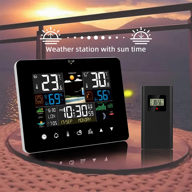 

Sunrise and Sunset Thermometer Hygrometer Touch Screen Operation Weather Station Alarm Clock with Wireless OutdoorSensor