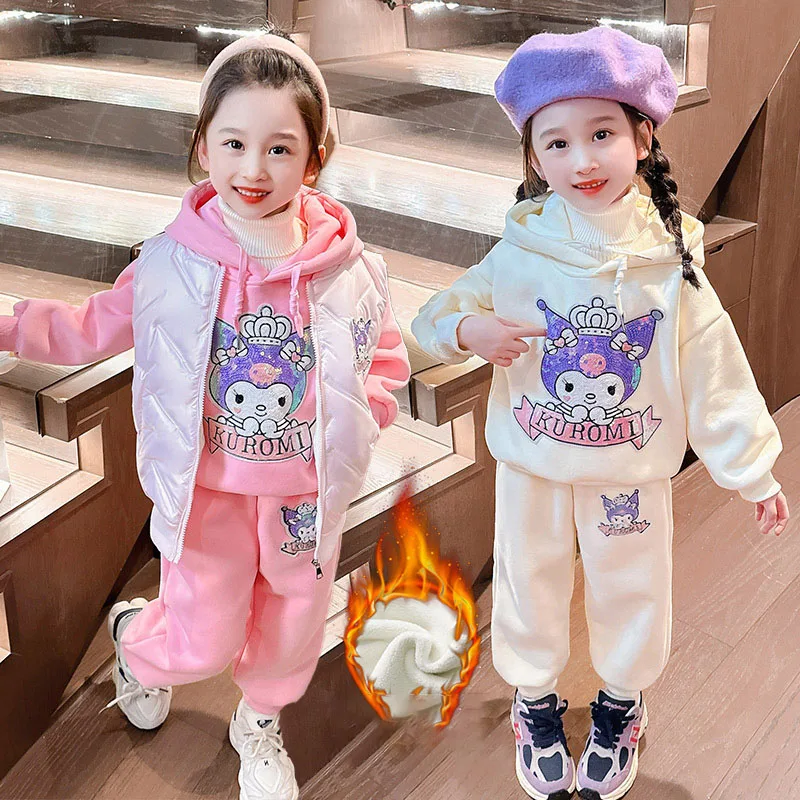 

Sanrio Kawaii Sweater Set Kuromi Cartoon Cute Children Winter Styles Plush Thickening Keep Warm Set Girls Christmas Gifts