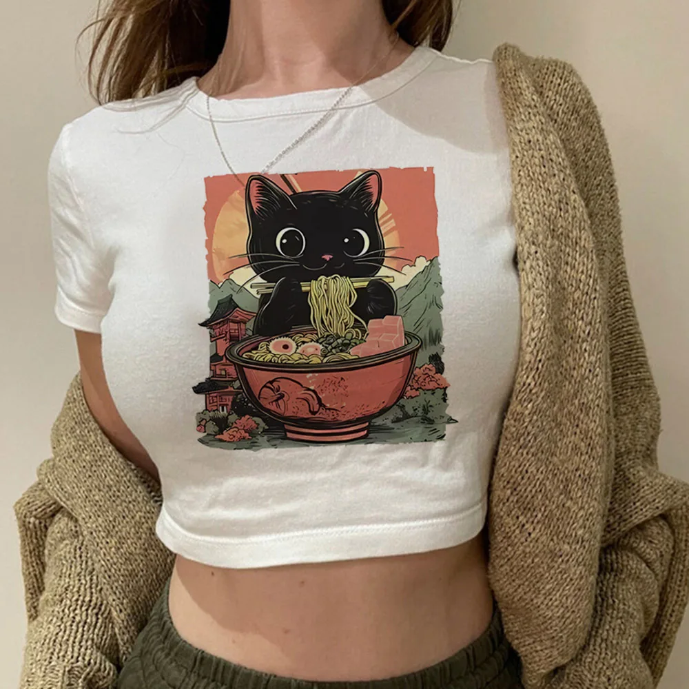 Фото Укороченный топ Noodle Ramen Cat в стиле гранж, готический милый винтажный кокетный летний корсет y2k, женский топ №1