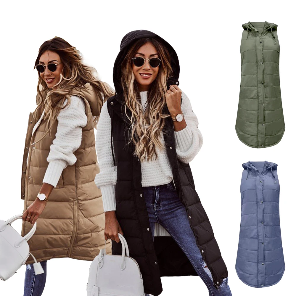 Helisopus Women's Solid Color Hooded Single Breasted Medium Length Cotton Jacket Winter Warm Vest Slim Cardigan Coat Jacket