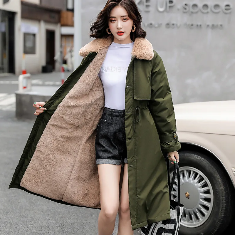 2022 Thick Lamb Wool Down Jacket Women Winter Fur Collar Long Parka Coat Korean Fashion Warm Cotton Outwear Female Slim Trench