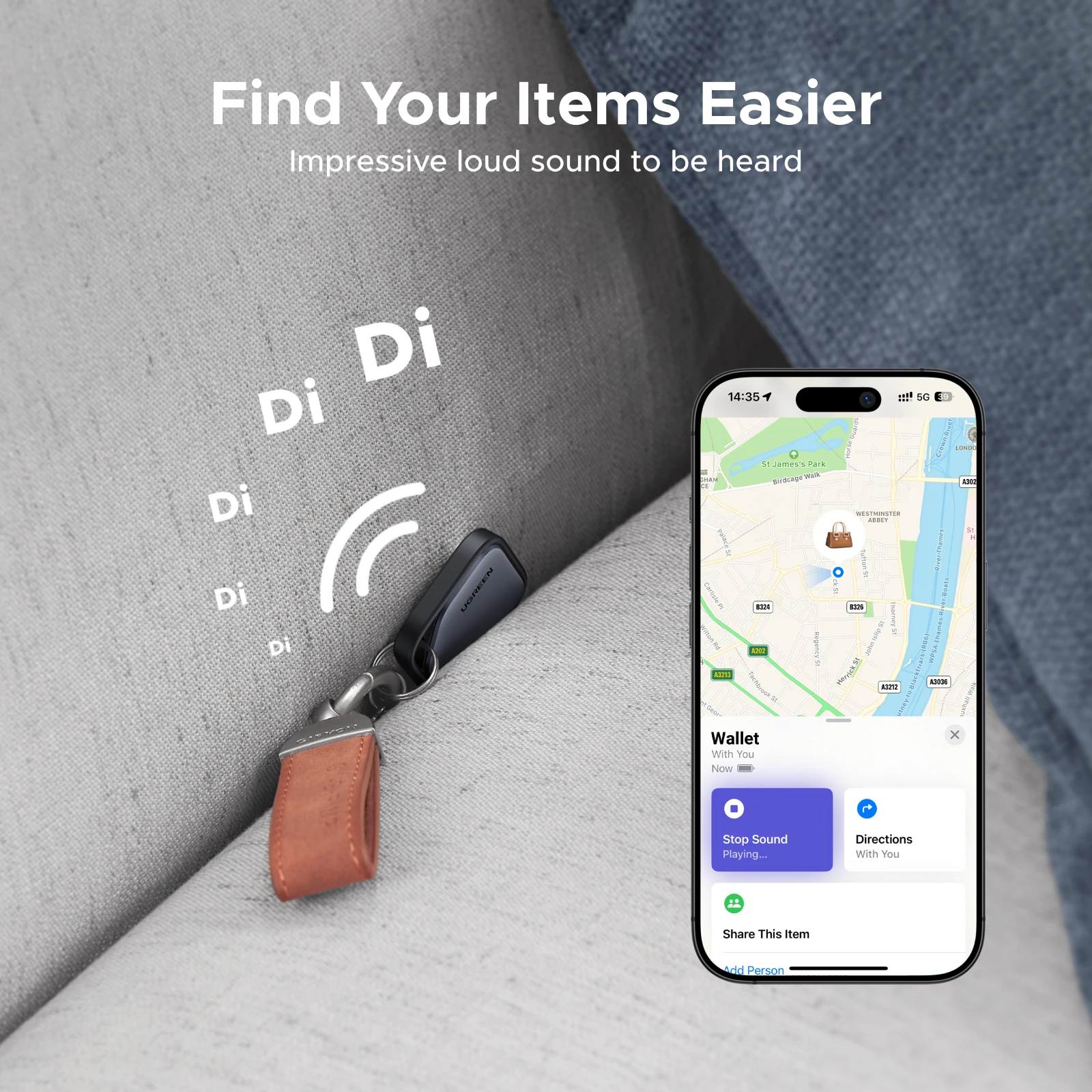 Фото UGREEN Smart Bluetooth-трекер, поиск ключей, локатор предметов SmartTag, аккумулятор для телефона на 1 год для Apple Find My (только IOS) №5