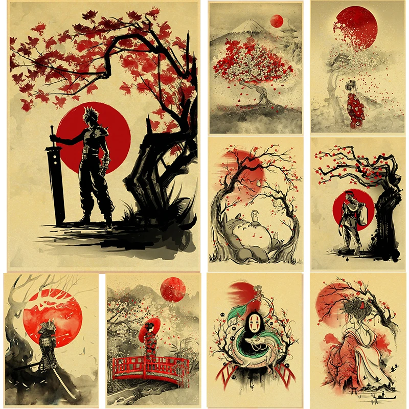 Пейзаж Geisha Cat Koi, постеры, ретро крафт-бумага, винтажная комната, Декор для дома, бара, кафе, эстетическое искусство, настенная живопись
