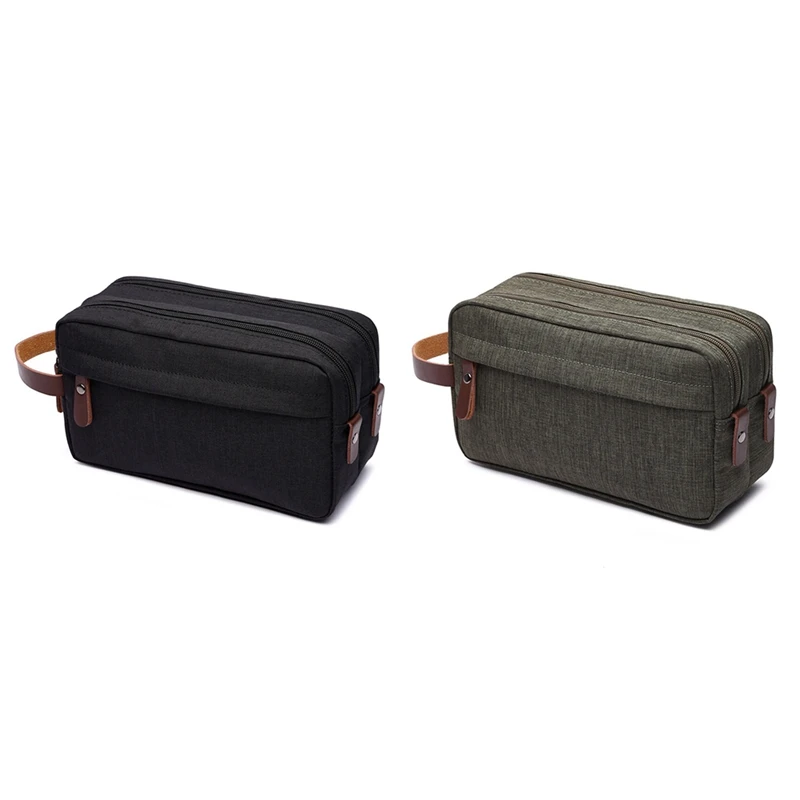 

2X Black/Green Canvas Cosmetic Bag With Leather Handle Men Wash Shaving Women Toiletry Storage Waterproof Toilet Bag