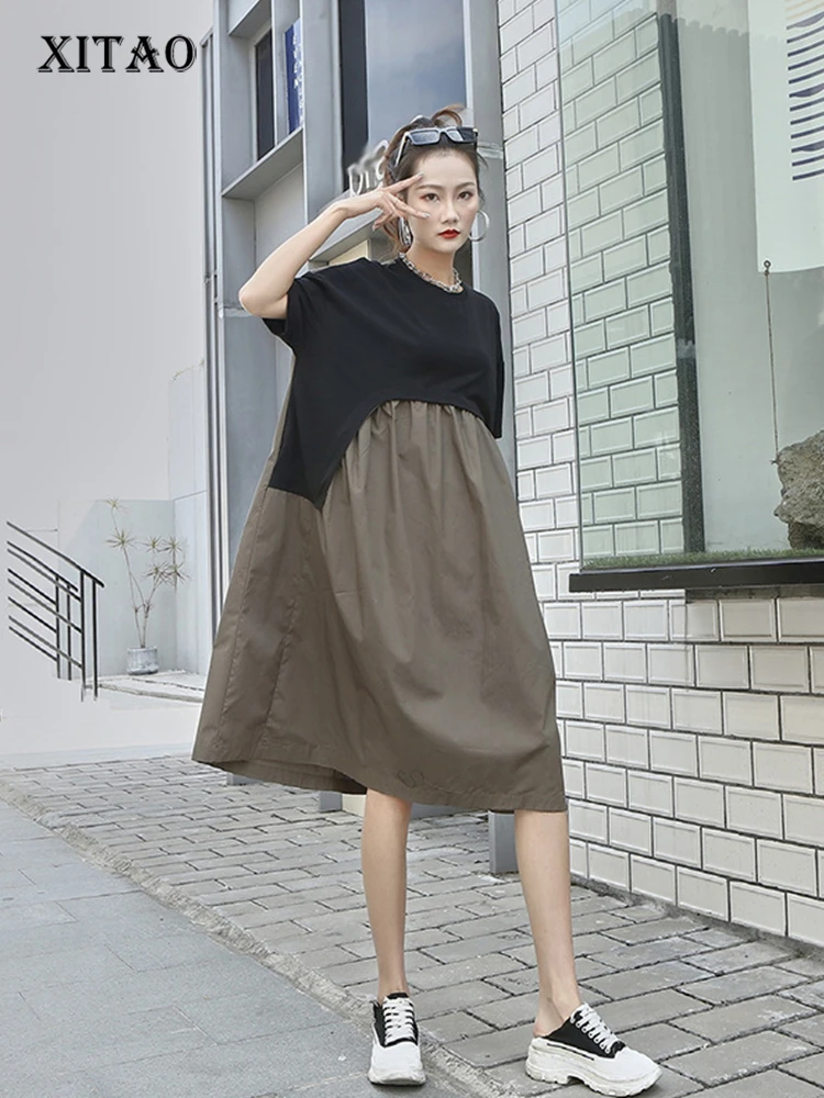

XITAO Patchwork Casual Dress Women Korea 2022 Summer New Arrival Personality Fashion Loose O-neck Short Sleeve Dress WMD5702