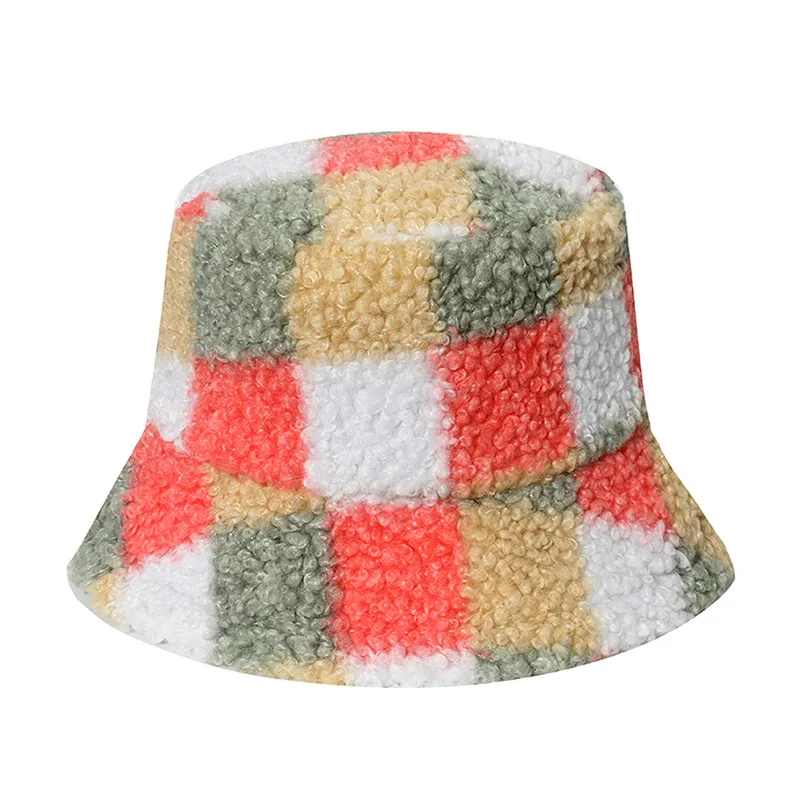 Winter Plaid Print Faux Fur Fluffy Bucket Hats Women Outdoor Warm Sun Hat Soft Velvet Furly Fisherman Cap Girl Fashion Panama