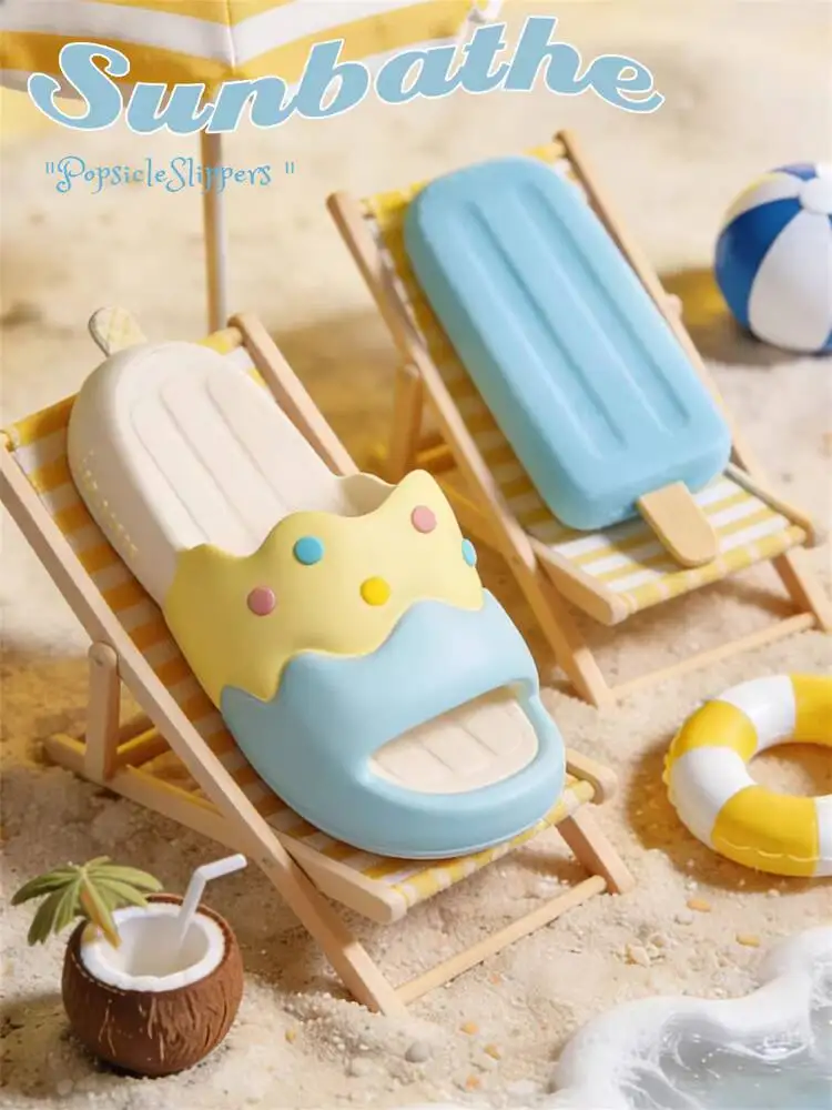 Фото Женские летние тапочки, милые шлепанцы Ice Pop, уличные и домашние нескользящие пляжные тапочки из ЭВА, забавные пляжные тапочки с мороженым №4