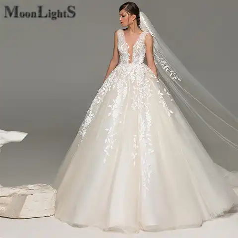 MoonlightShadow Deep V-neck Wedding Dress Elegant Tulle Sleeveless A-line Lace Appliques Bridal Dresses Gown Robe De Mariée