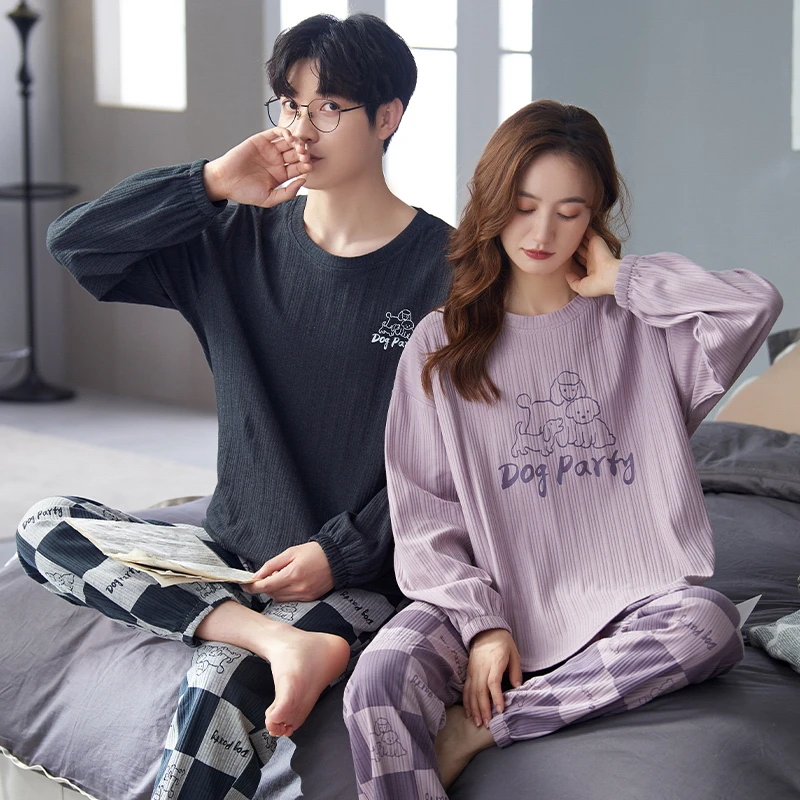 CAIYIER Cute Couple Pajamas Set Winter Cotton Grid Long Sleeve Sleepwear Suit Women & Men Sweet Nightwear Lovers Home Clothing