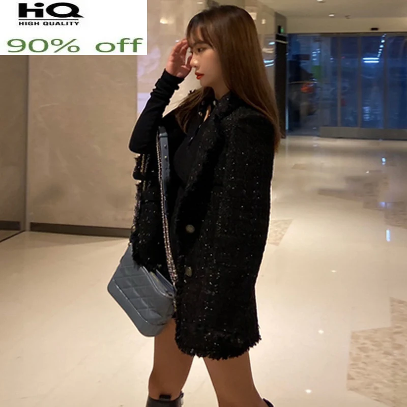 

Women Tweed Black Lapel Long Sleeve Spring/Autumn /Winter Women's Coat Business Classic Ladies One-piece Jacket