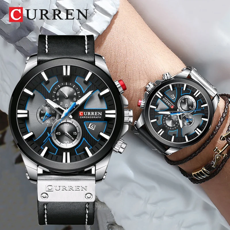 

Часы наручные CURREN Мужские кварцевые, модные деловые Роскошные спортивные водонепроницаемые повседневные с хронографом и кожаным ремешком
