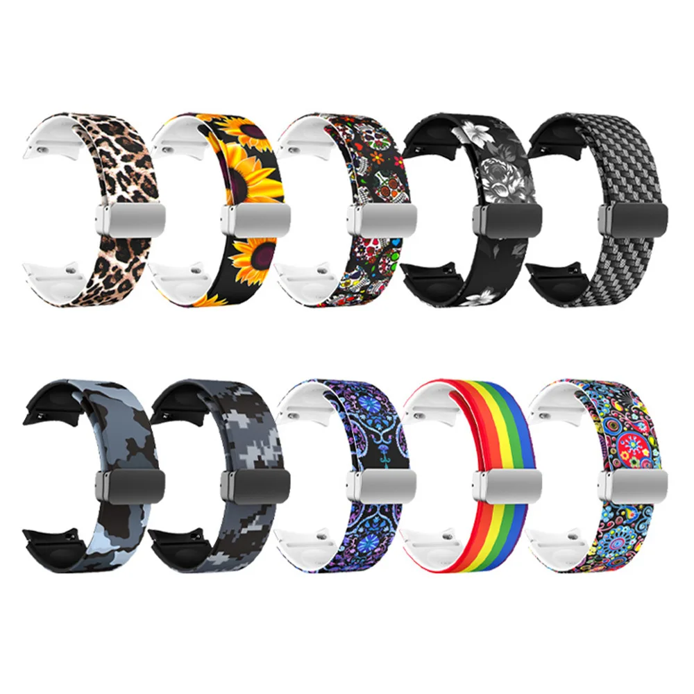 Silicone Strap For Samsung Galaxy Watch 4 5 40 44mm Watch 4 Classic 42 46mm Printed Magnetic Suction Wristband for Watch 5 Pro