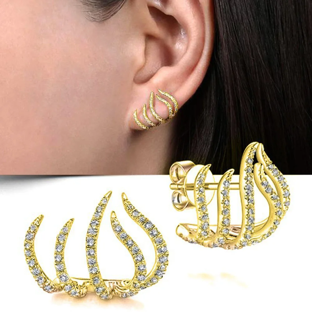 

2023 New Hot Five-Layer Golden Curved Earrings for Women Diamond Inlaid With Cool Design Sense Ins Party Gifts