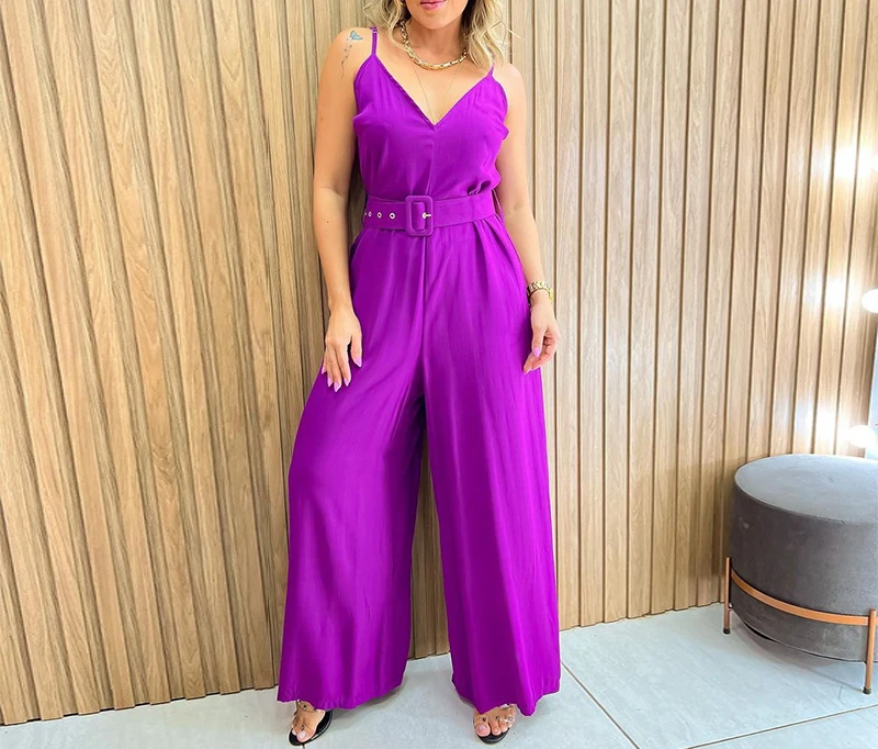 Casual Jumpsuit 2023 Spring New Solid Color V-neck Suspenders High Waist Loose Large Size Wide Leg Ladies Jumpsuit