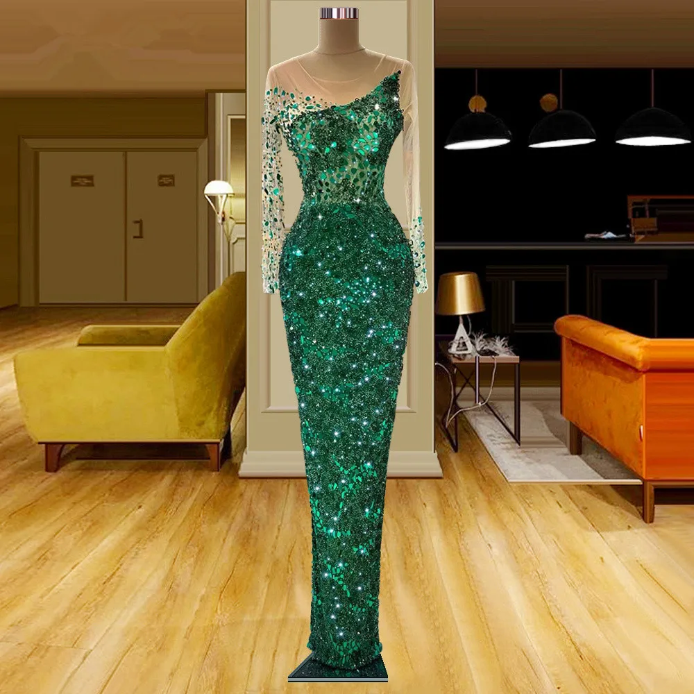 

Illusion Long Sleeve Prom Dress Emerald Green gillter Shiny Crystals Mirrors Mermaid aso ebi Evening Dresses Robe De Soiree