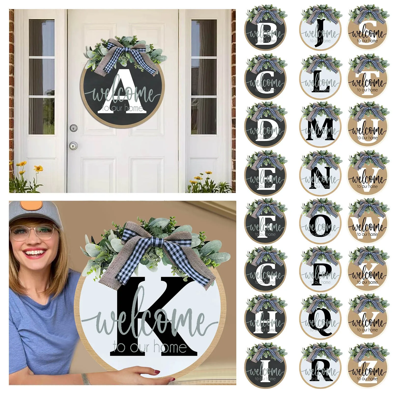 

Welcome Sign Front Door Hanger Wreath With Bow Welcome Plaque 26 English Letter Farmhouse Round Hanging Flower Bow Decor Gift