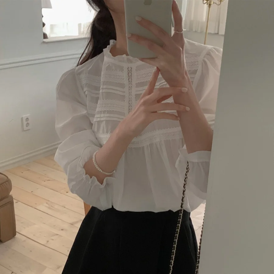 Блузка Женская Офисная Трикотажная с длинным рукавом и воланом