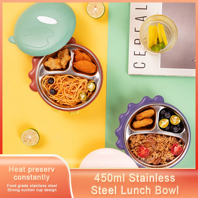 

450ml Kids Lunch Bowl Stainless Steel Lunch Box For Kids Dinosaur Feeding Heated Bowl With Lid Toddlers Self-Feeding Bowl