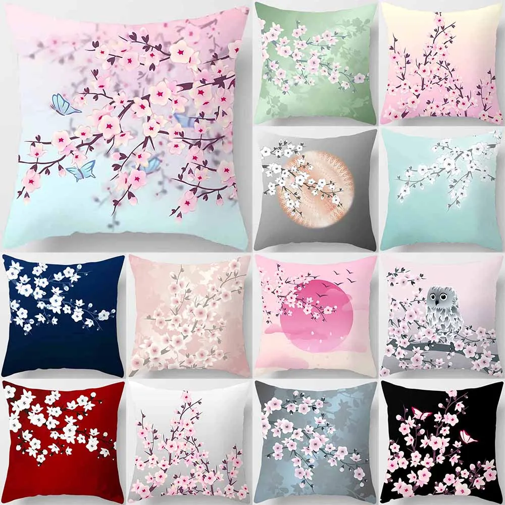 

45X45CM Cherry Blossom Printed Pattern Polyester Cushion Cover for Home Living Room Sofa Decoration Throw Pillow Cover