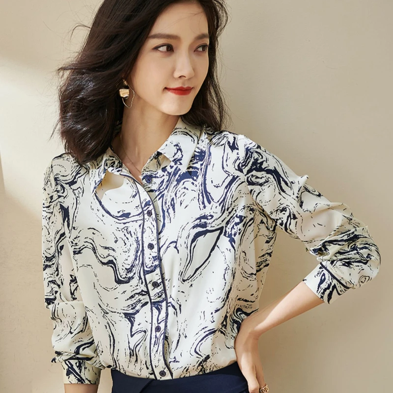 

Женская блузка с цветочным принтом, приталенная Повседневная рубашка с длинным рукавом и отложным воротником, лето 2022