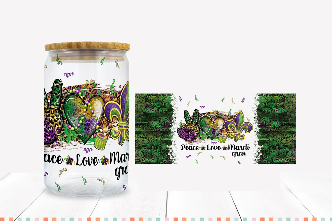 

Peace~Love~Mardi UV DTF Cup Wrap for 16Oz Libbey Glass Can DIY Transfer Sticker