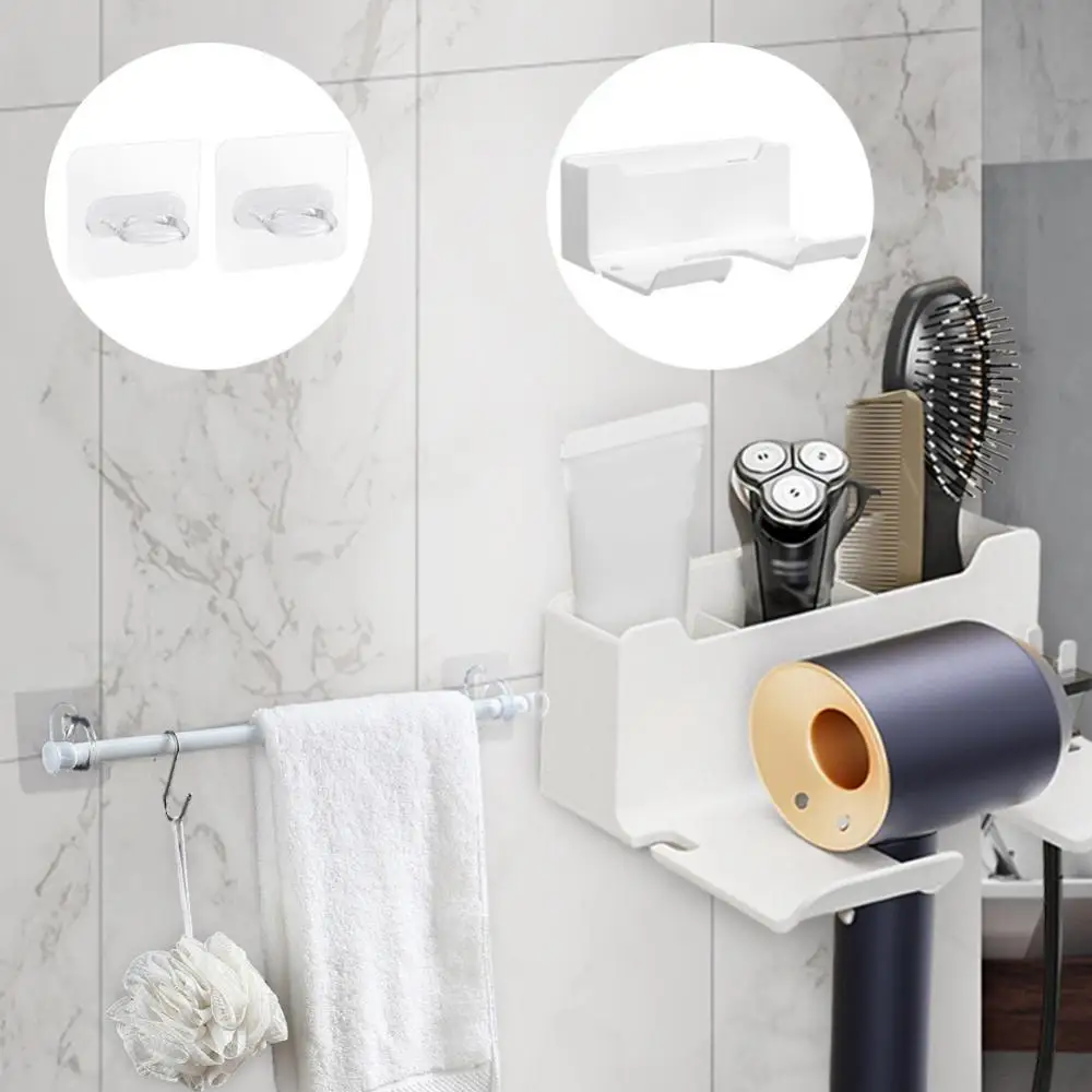 

Wall-Mounted Hair Dryer Holder Without Drilling Plastic Hair Dryer Stand Multifunctional Round Hooks 1 Set Bathroom Organizer