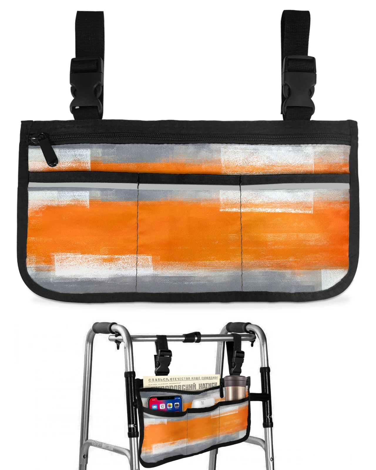

Orange Gray Abstract Oil Painting Texture Wheelchair Bag Armrest Side Bags Electric Scooter Walking Frame Storage Pouch