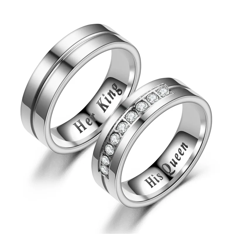 

New Titanium Romantic Couple Ring "His Queen"" Her King" DIY Engraved Alliance Engagement Wedding Rings for Men Women Jewelry