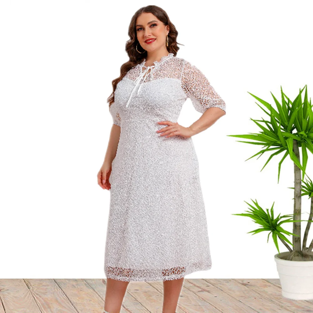 Plus Size Large Women's Dress 2023 Elegant V- Neck Women's Spring Summer New Lace Dresses Half Sleeves Maxi Party Evening Dress