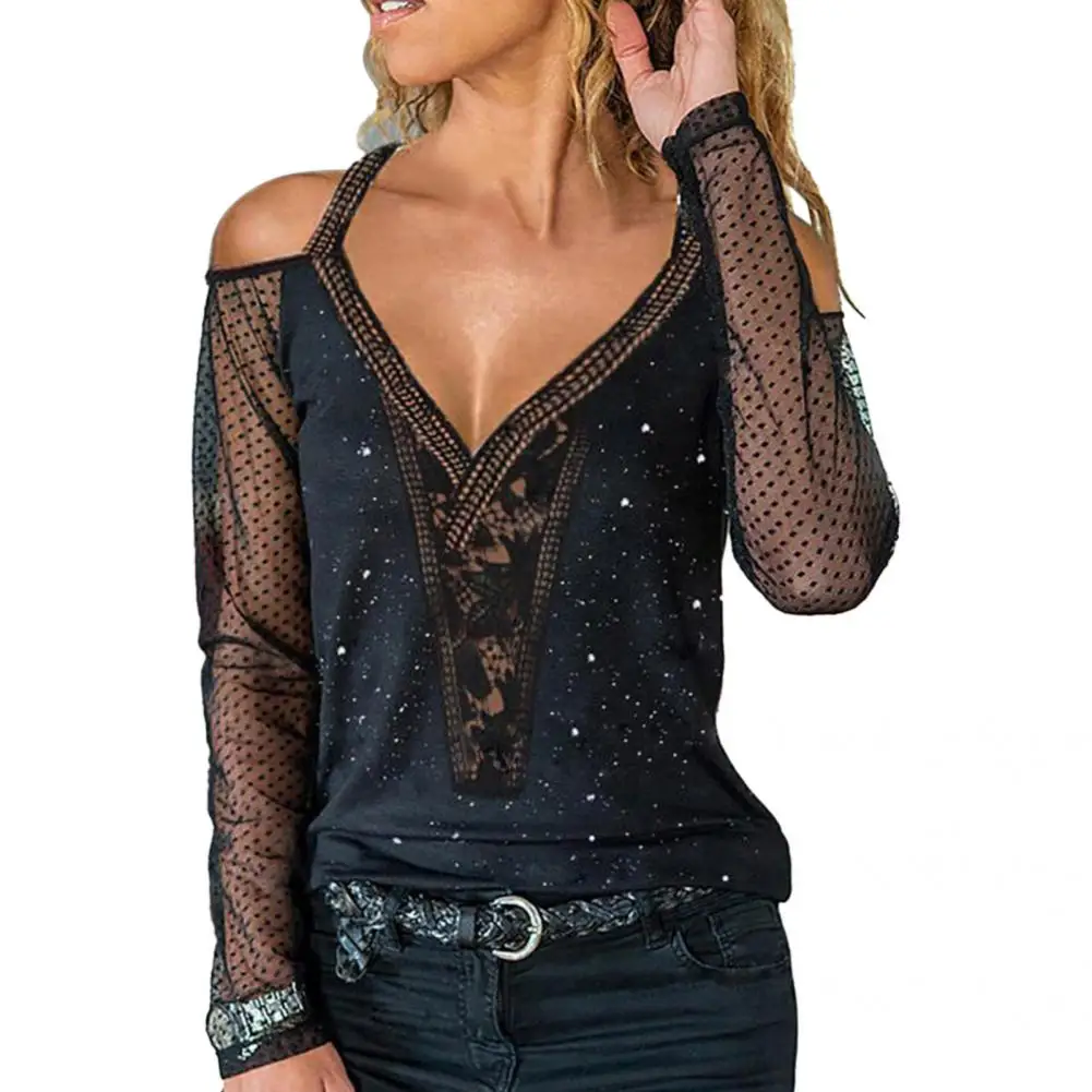 

Lace Top Beautiful Excellent Texture Off-shoulder See-through Black Mesh Shirt for Home Black Mesh Shirt Blouse
