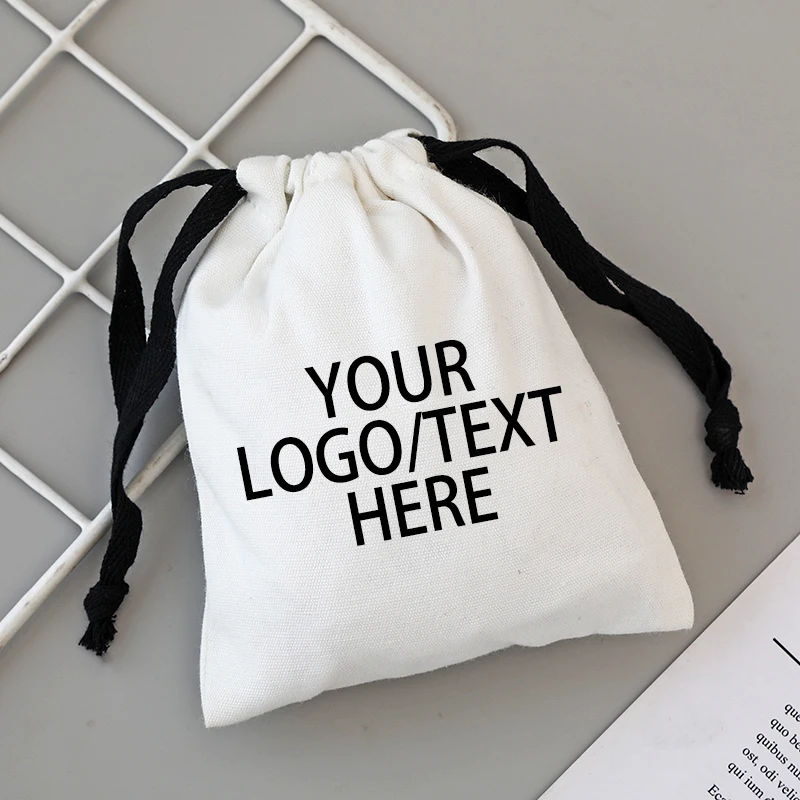 

Custom Logo Printing Stroage Bags with Black Drawstring High Quality White Cotton Gift Pouches Canvas Package Sacks