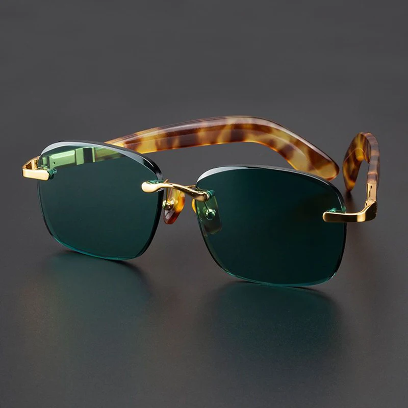 

Pure Natural Crystal Stone Sunglasses Man Luxury Blue Green Rimless Glass Sun Glasses Woman Vintage Acetate UV400 Eye Dry