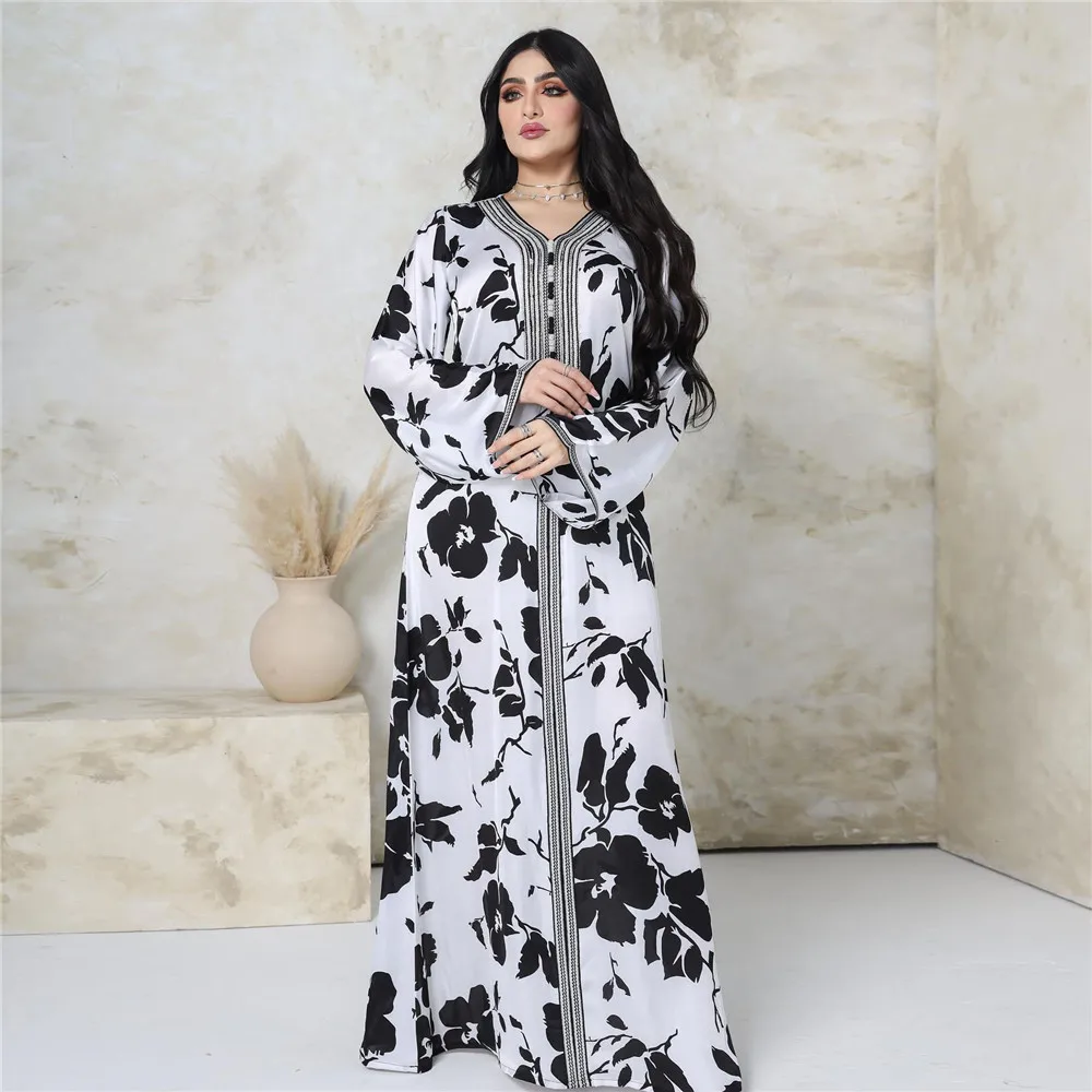 

Elegant Ethnic Print Maxi Dress For Women Spring Autumn 2022 New Muslim Jalabiya Dubai Moroccan Caftan Feminine Clothes Ramadan