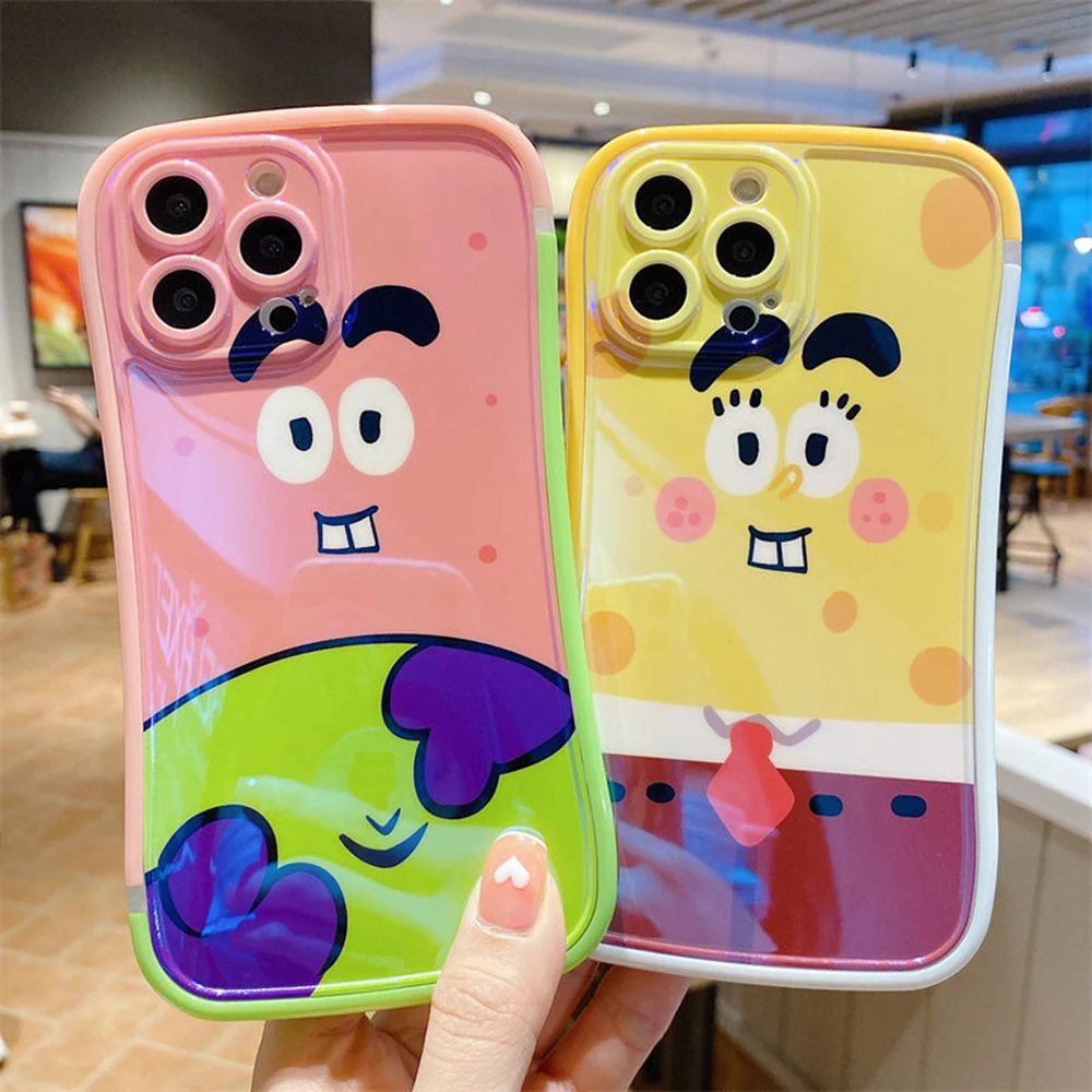 

Cartoon SpongeBob SquarePants Phone Cases For iPhone 13 12 11 Pro Max XR XS MAX 8 X 7 SE2 Soft Shell Reflective IMD Back Cover