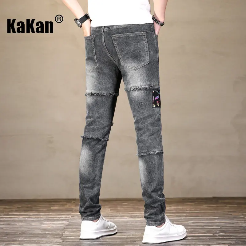 Kakan - New and New Distressed Colorful Printed Patch Jeans for Men, Slim Fit Small Feet Mid Waist Jeans K19-9323