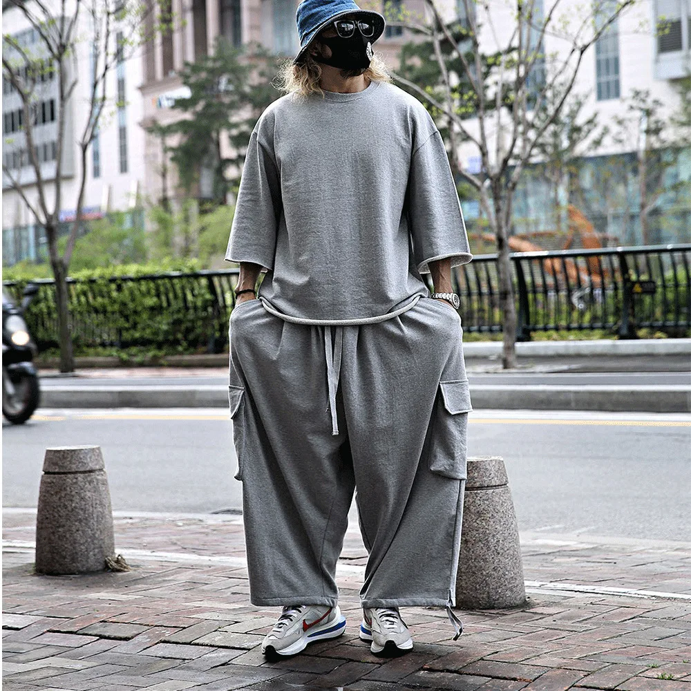 

Мужской Свободный Повседневный костюм большого размера, Однотонная футболка с широкими штанинами и круглым вырезом