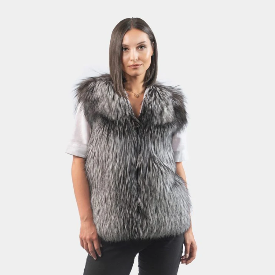 

Sliver Fox Fur Gilet Natural High Quality Fox Fur Vest Mid-Length 2022 Real Fur Waistcoat Short Women