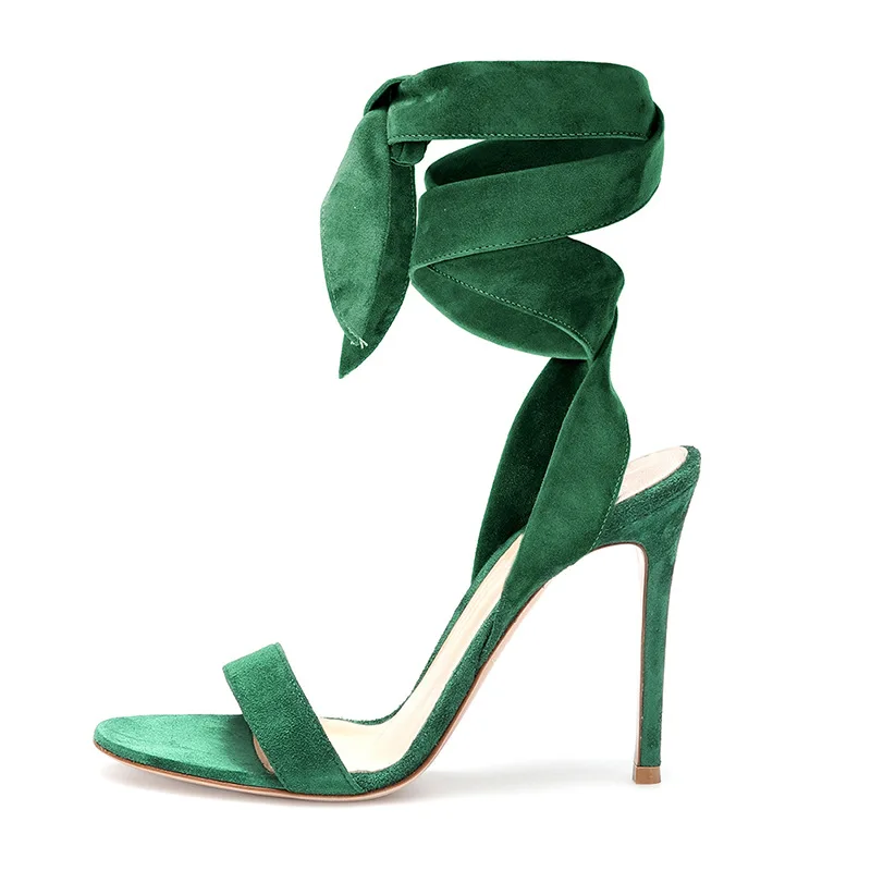 

Round Toe Suede Sandals Strap Popular Design Shoes For Women Slingback Front Laced Up Sandalias Mujer High Heels Ladies Zapatos