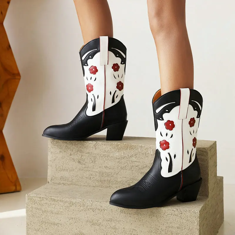 

IPPEUM Cowboy Boots Mid Calf Embellished Chunky Heel Shoes Black White Country Western Cowgirl Boots For Women