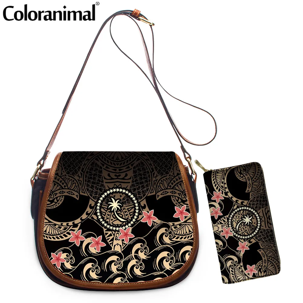 

Coloranimal 2022 New Fashion Women's 2Pcs/Set Saddle Bag&Wallet Chuuk Polynesian Plumeria Printing Ladies Shoulder Bag Bolsa Hot