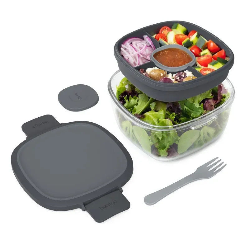 

 Glass - Leak- Salad Container with Large 61-oz Salad Bowl, 4-Compartment Bento-Style Tray for Toppings, 3-oz Sauce Container f