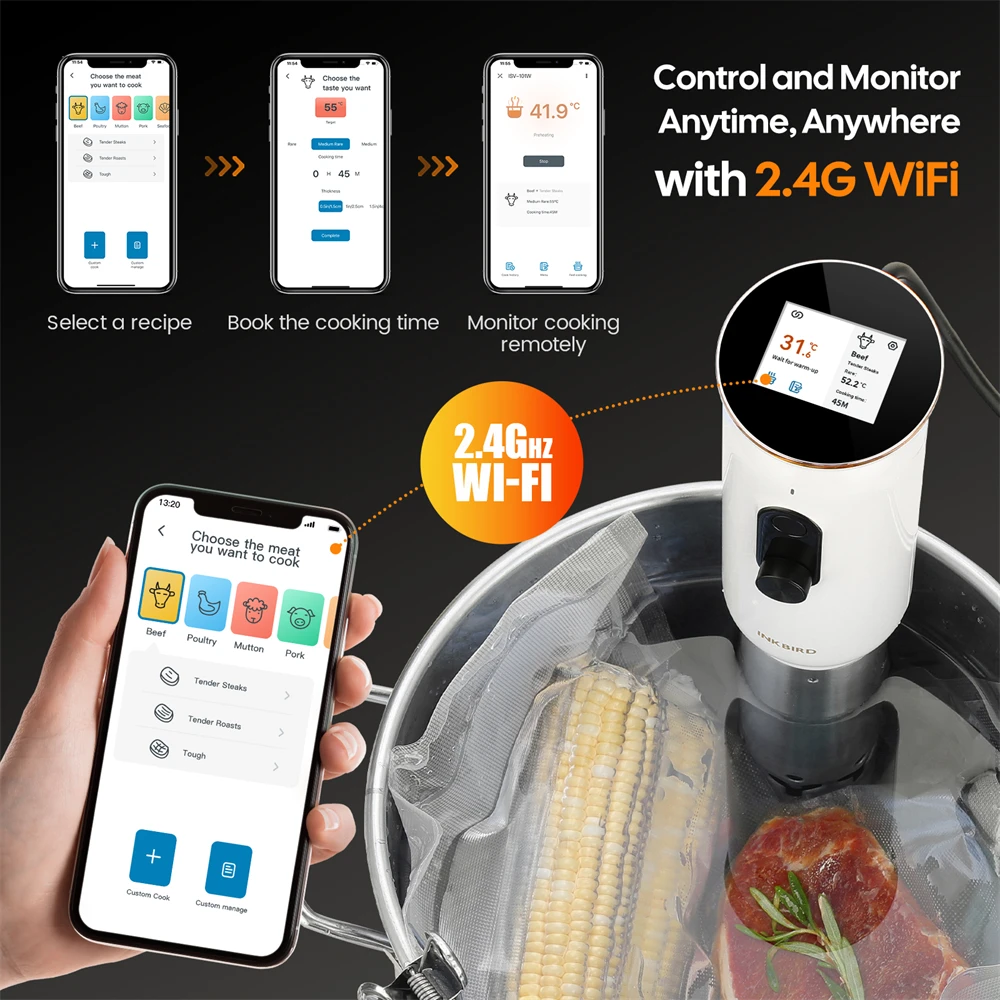 Фото INKBIRD ISV-101W WiFi Sous Vide Плита Точная 0,1 ° Управление C, 3D-нагрев, сигнализация мониторинга и приготовления пищи приложений №5