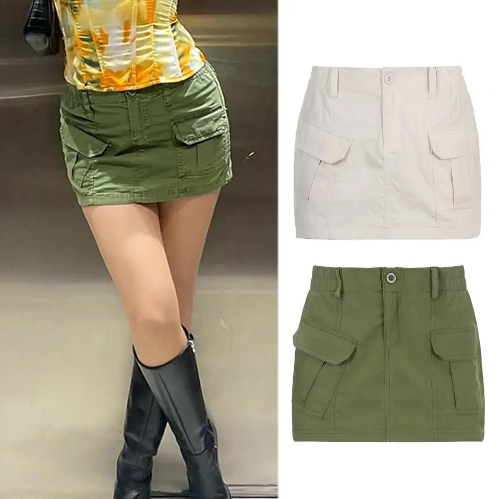 

Women Cargo Mini Skirt Clubwear Streetwear Vintage 90s Solid Color Flap Pocket Casual Clothes Summer Women's Short Skirt